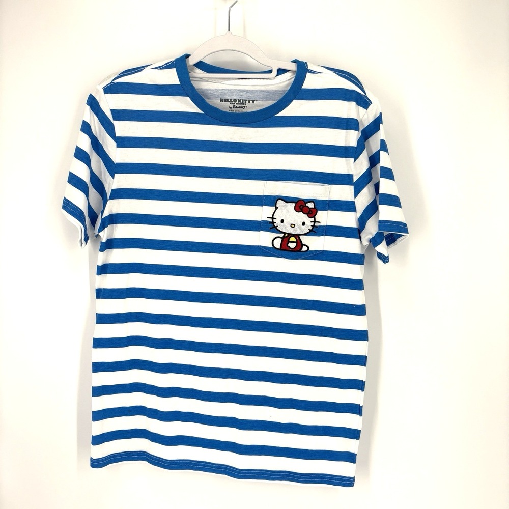 Hello Kitty Pocket Tee Small Blue/White Striped Short‎ Sleeve TShirt Embroidered